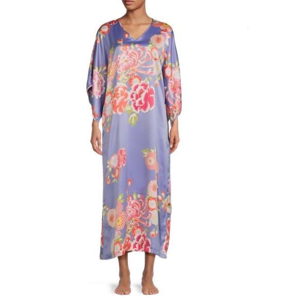 Natori Floral Satin Midaxi Caftan Womens Medium Lavender Multicolor Kaftan Dress - Picture 1 of 8